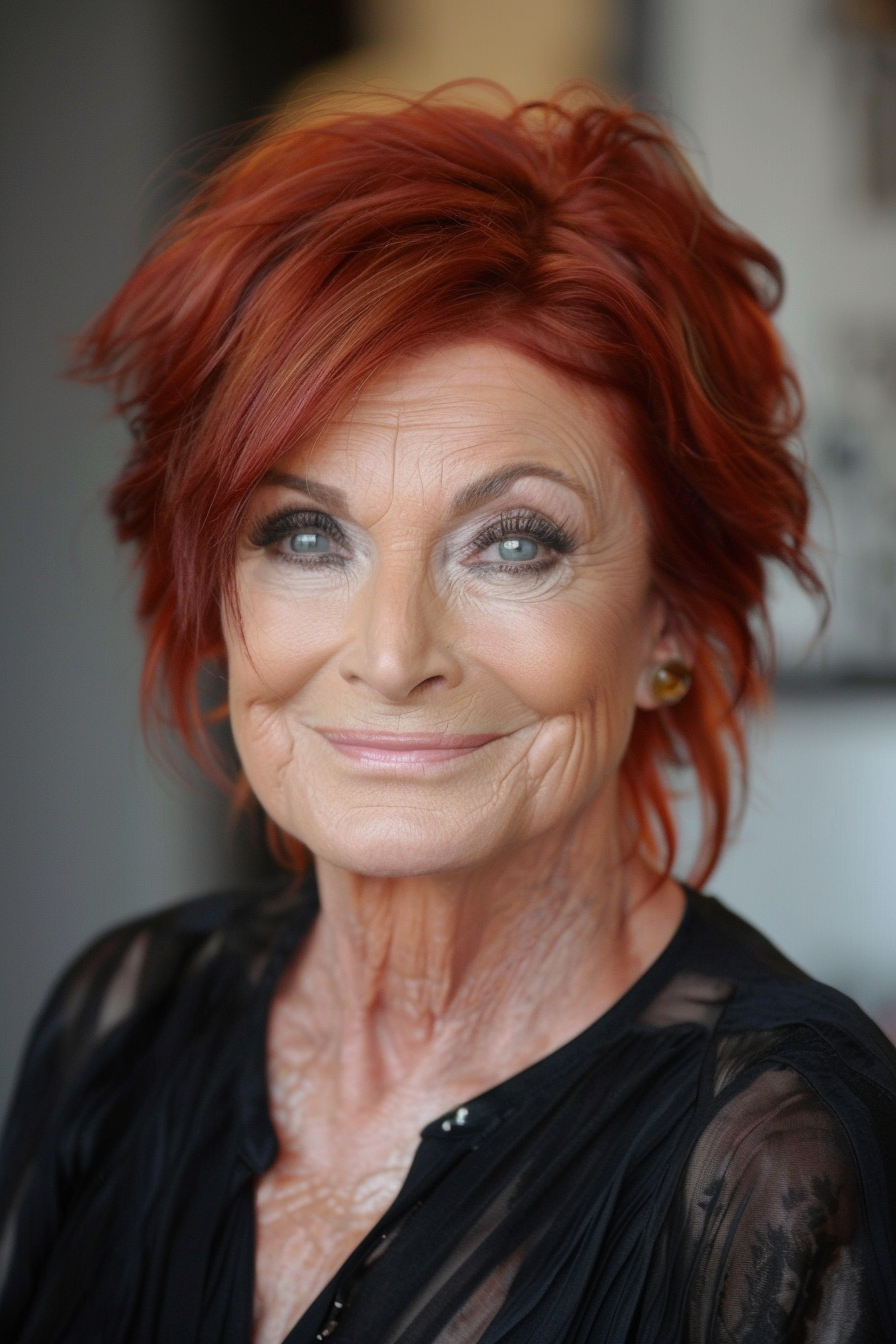 Sharon Osbourne aging naturally without cosmetic procedures, via AI | Source: Midjourney