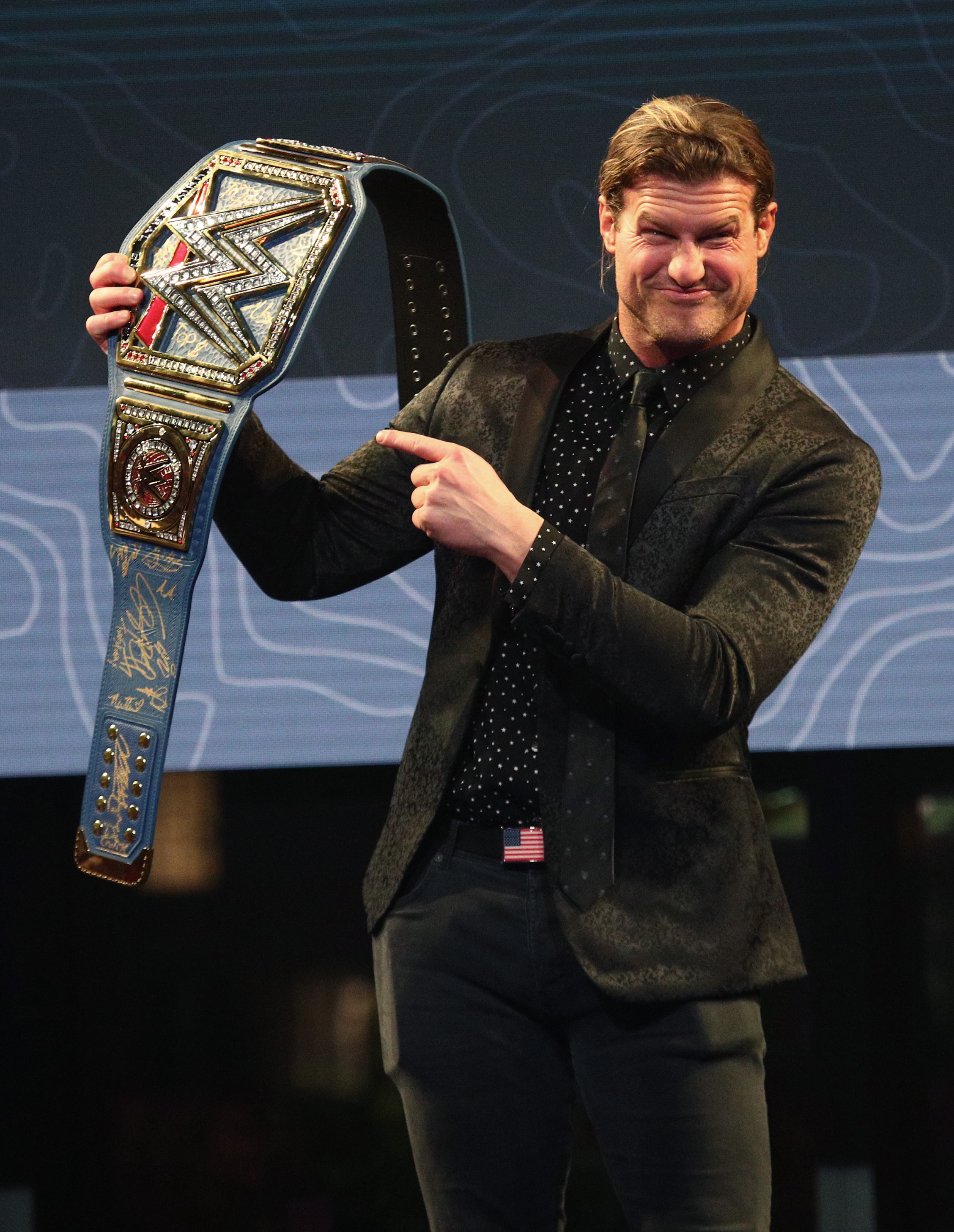Dolph Ziggler is pictured as he poses with an auctioned wrestling event item during Team Rubicon's Veterans Day Salute To Service Gala at Spring Studios on November 11, 2021, in New York City | Source: Getty Images