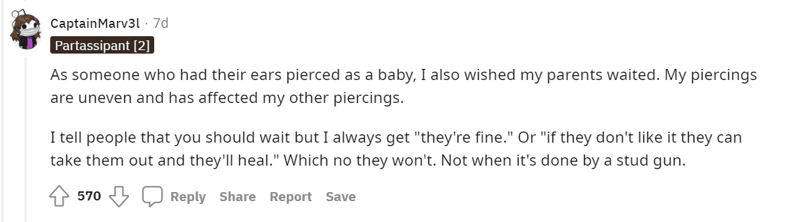 A user's comment on the story of a father furious about his daughter's piercing. | Photo: r/AmItheAsshole