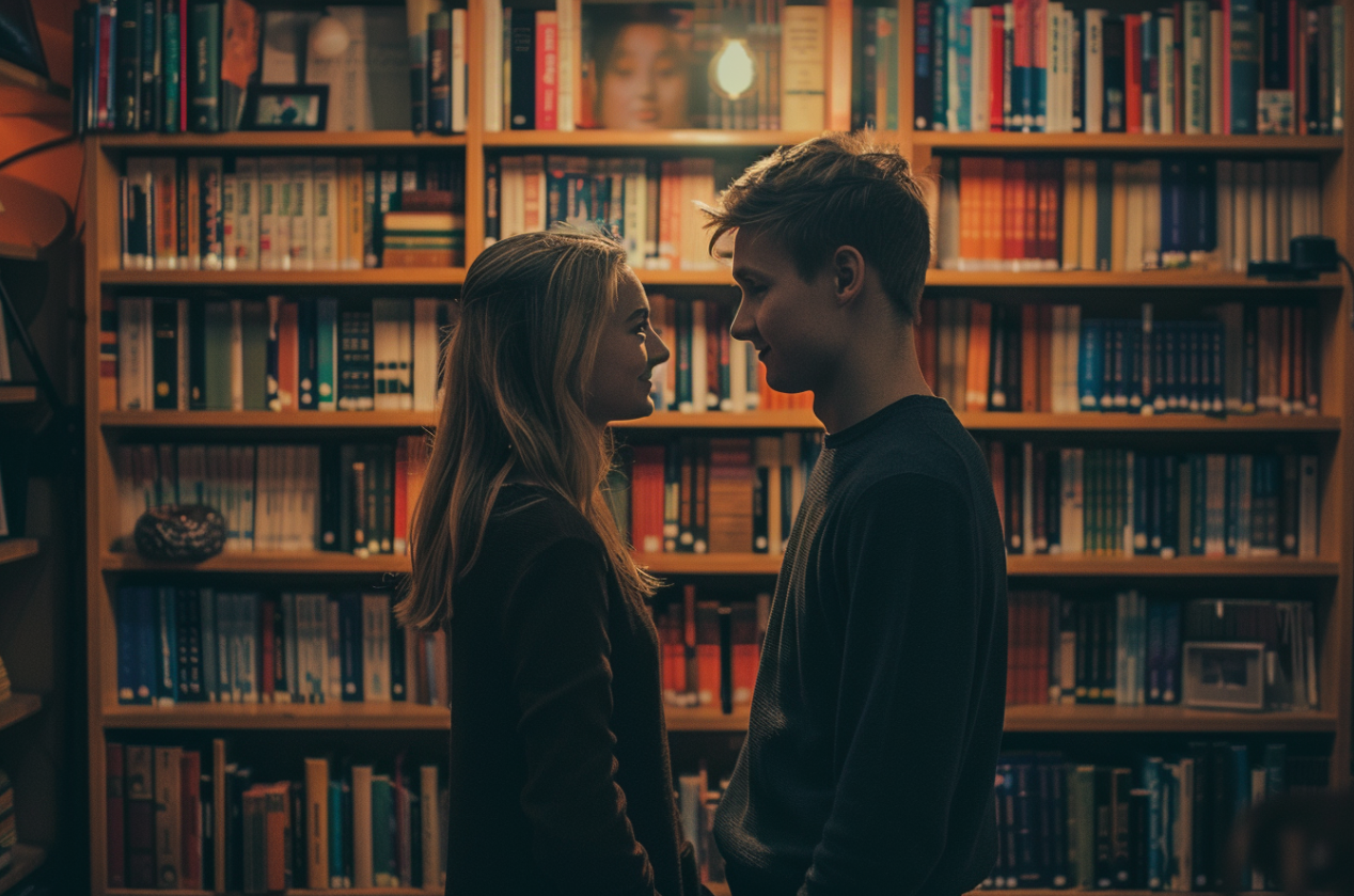 A man and woman looking at each other in a bookstore | Source: Midjourney