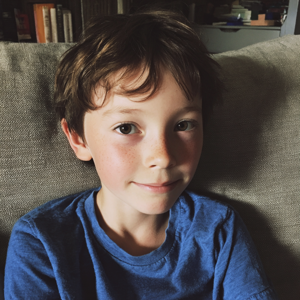 A smiling little boy sitting on a couch | Source: Midjourney