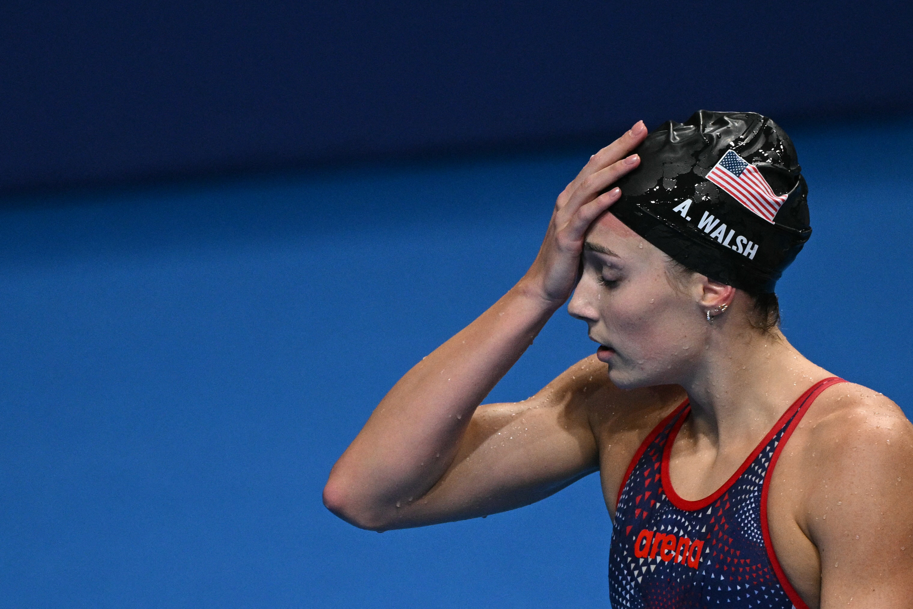 Alex Walsh reacting to her disqualification in the Women's 200-meter Individual Medley Final on day eight of the Olympic Games Paris 2024 on August 3, in France. | Source: Getty Images