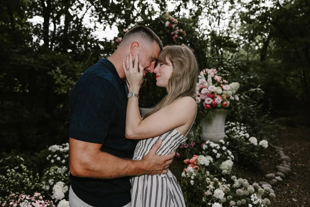 Taylor Swift and Travis Kelce embracing each other after getting engaged, from her post dated August 26, 2025 | Source: Instagram/taylorswift