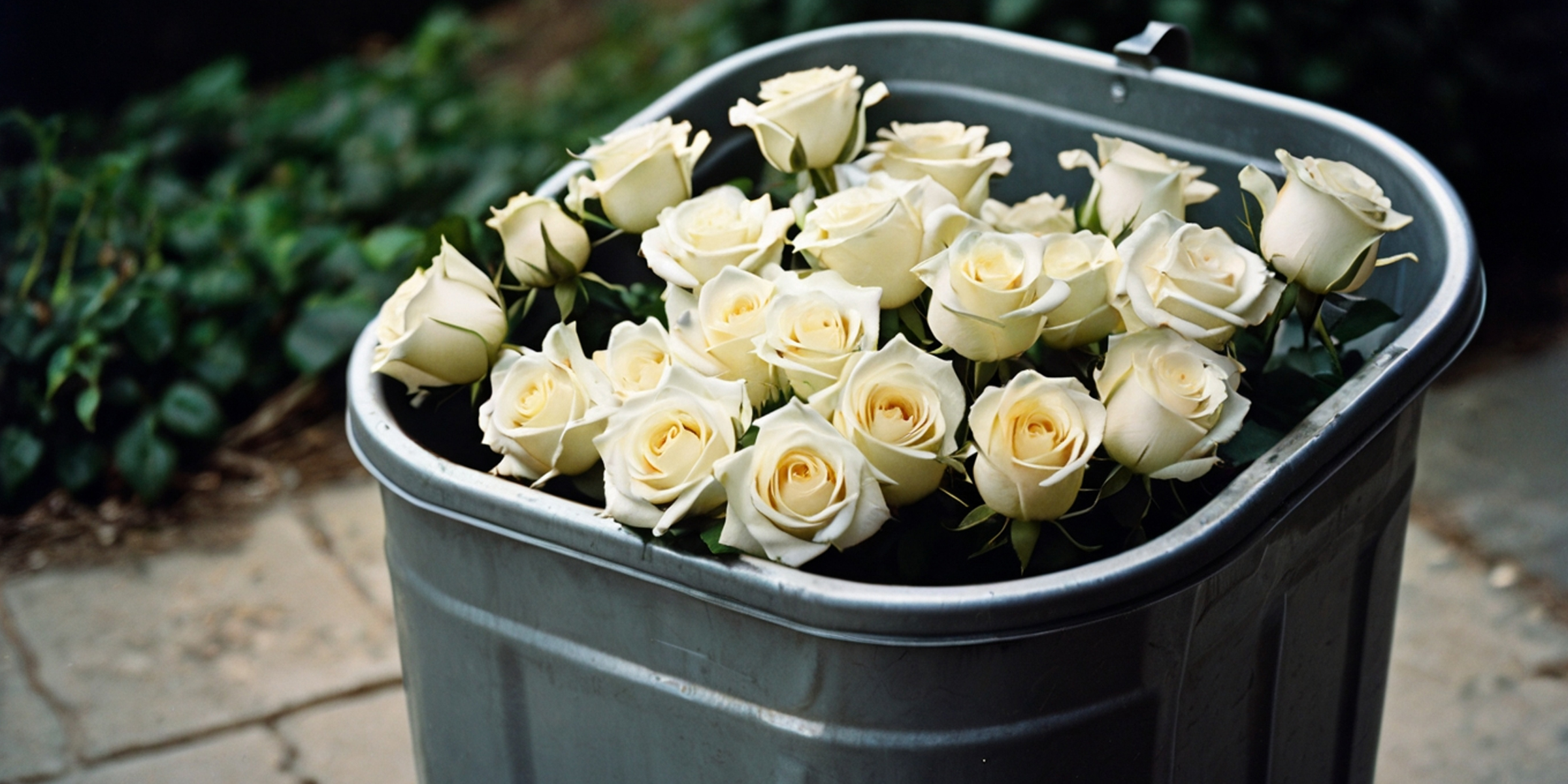 A bouquet of white roses in a trash can | Source: AmoMama