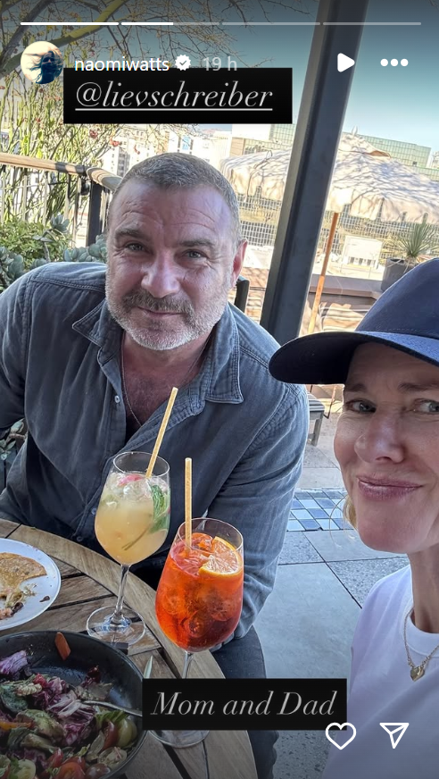 Naomi Watts and her ex-partner, Liev Schreiber are captured during a cozy dining moment, from a post dated August 19, 2025 | Source: Instagram Story/naomiwatts