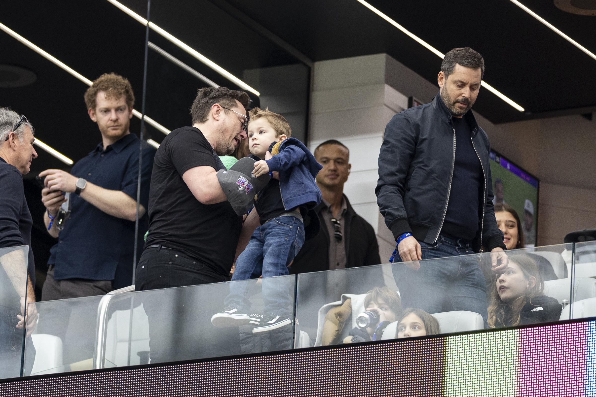 Elon Musk with his son, Exa Dark Sideræl, at the NFL Super Bowl 58 football game between the San Francisco 49ers and the Kansas City Chiefs in Las Vegas, Nevada on February 11, 2024 | Source: Getty Images