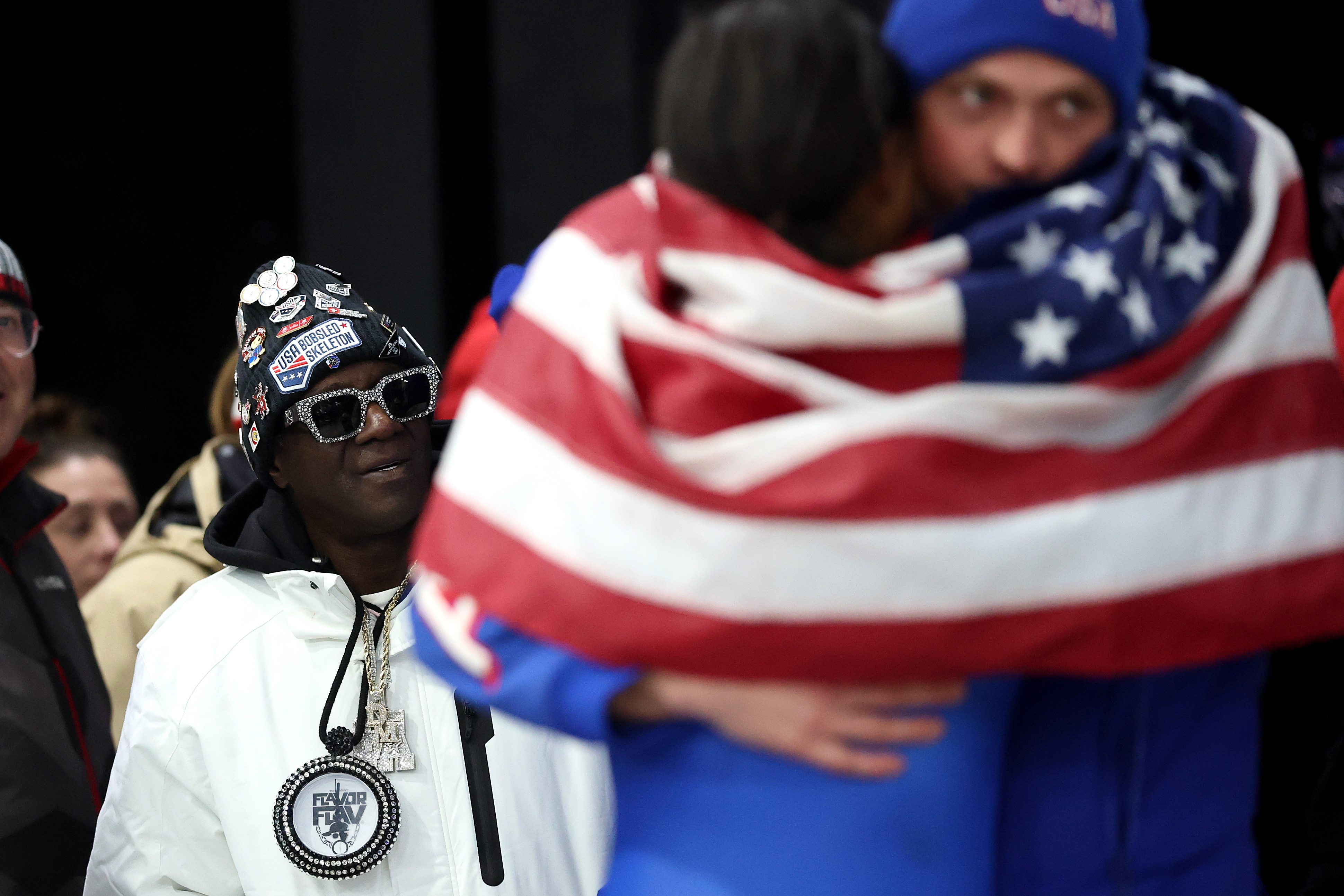 Flavor Flav looks on during the Women's Monobob Bobsleigh Heat 4 at the Cortina Sliding Centre on February 16, 2026, in Cortina d'Ampezzo, Italy | Source: Getty Images