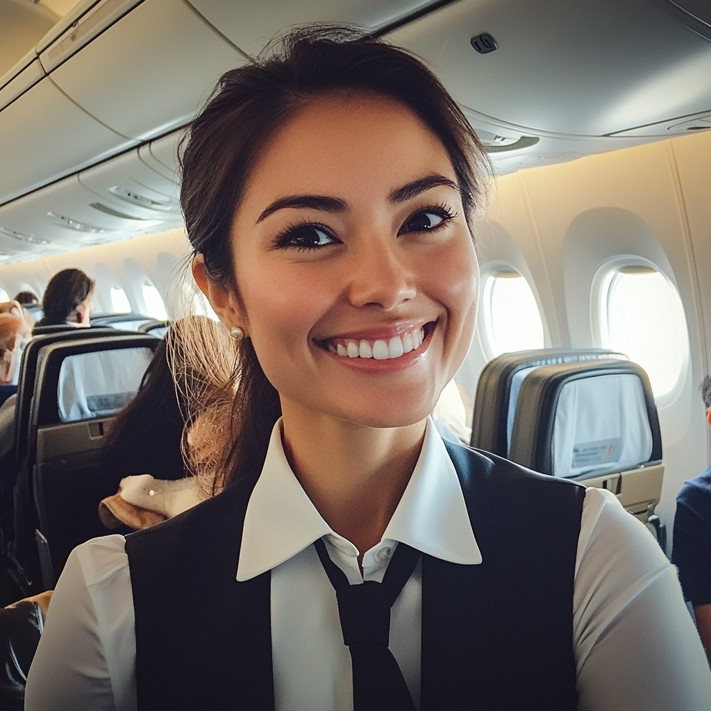 A smiling flight attendant | Source: Midjourney