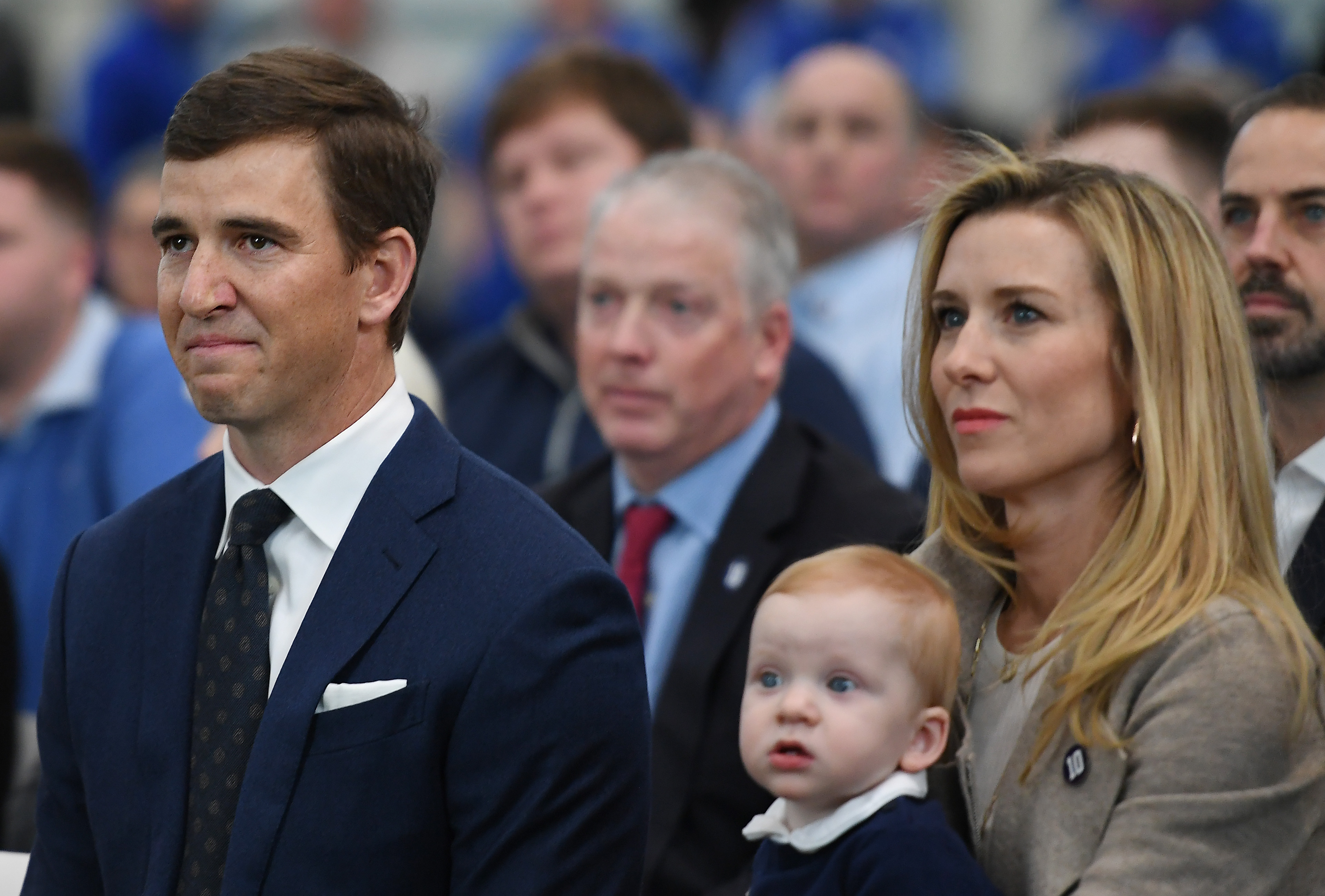 Eli Manning, Abby McGrew and Charles Manning during a press conference to announce his retirement on January 24, 2020, at Quest Diagnostics Training Center in East Rutherford, New Jersey.