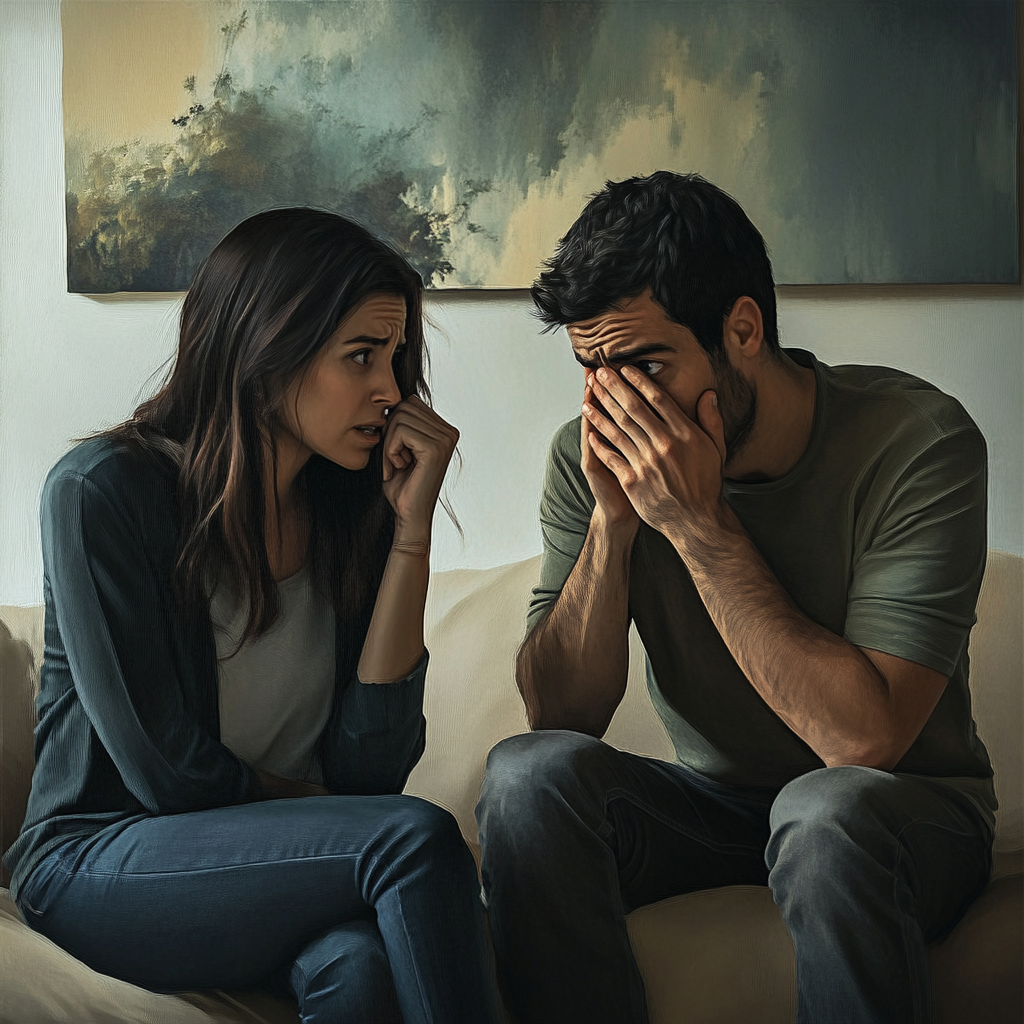 A serious woman talking to her husband in their living room | Source: Midjourney