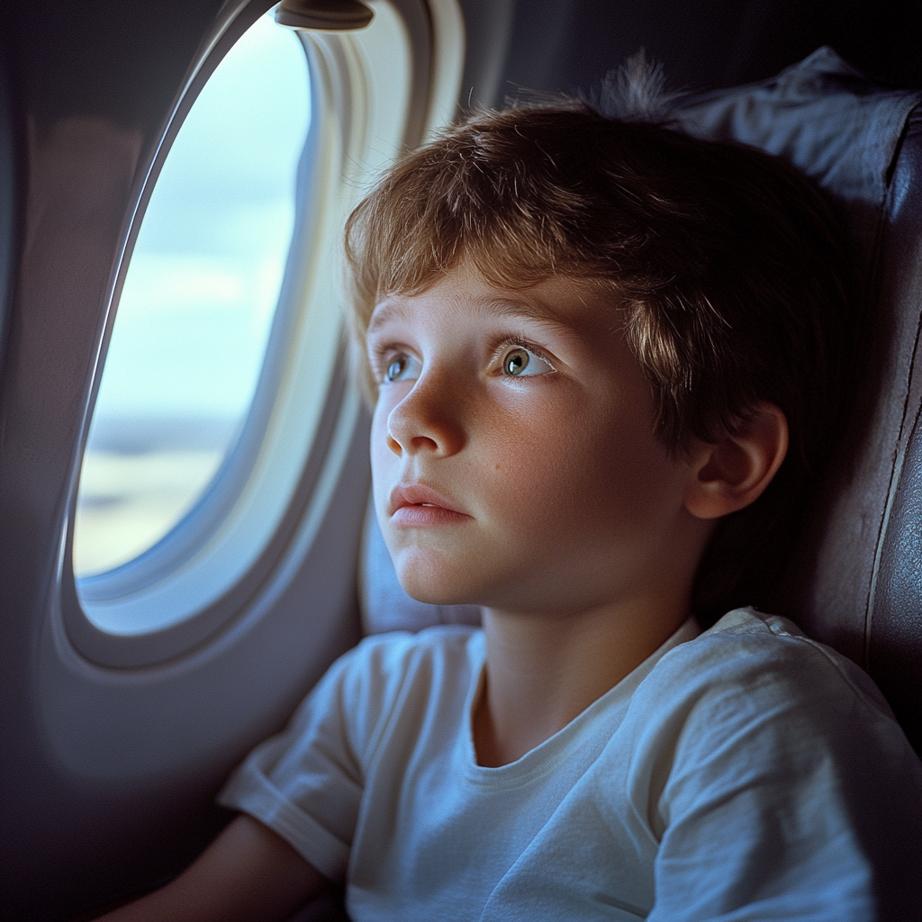 A nervous little boy sitting in his plane seat | Source: Midjourney