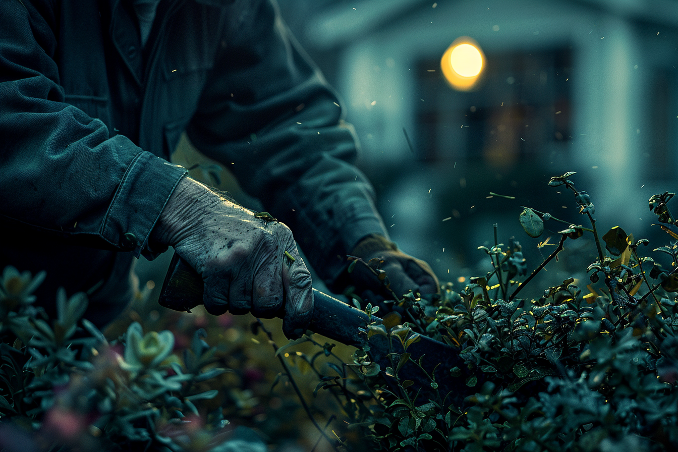 A man chopping down a hedgerow at night | Source: Midjourney