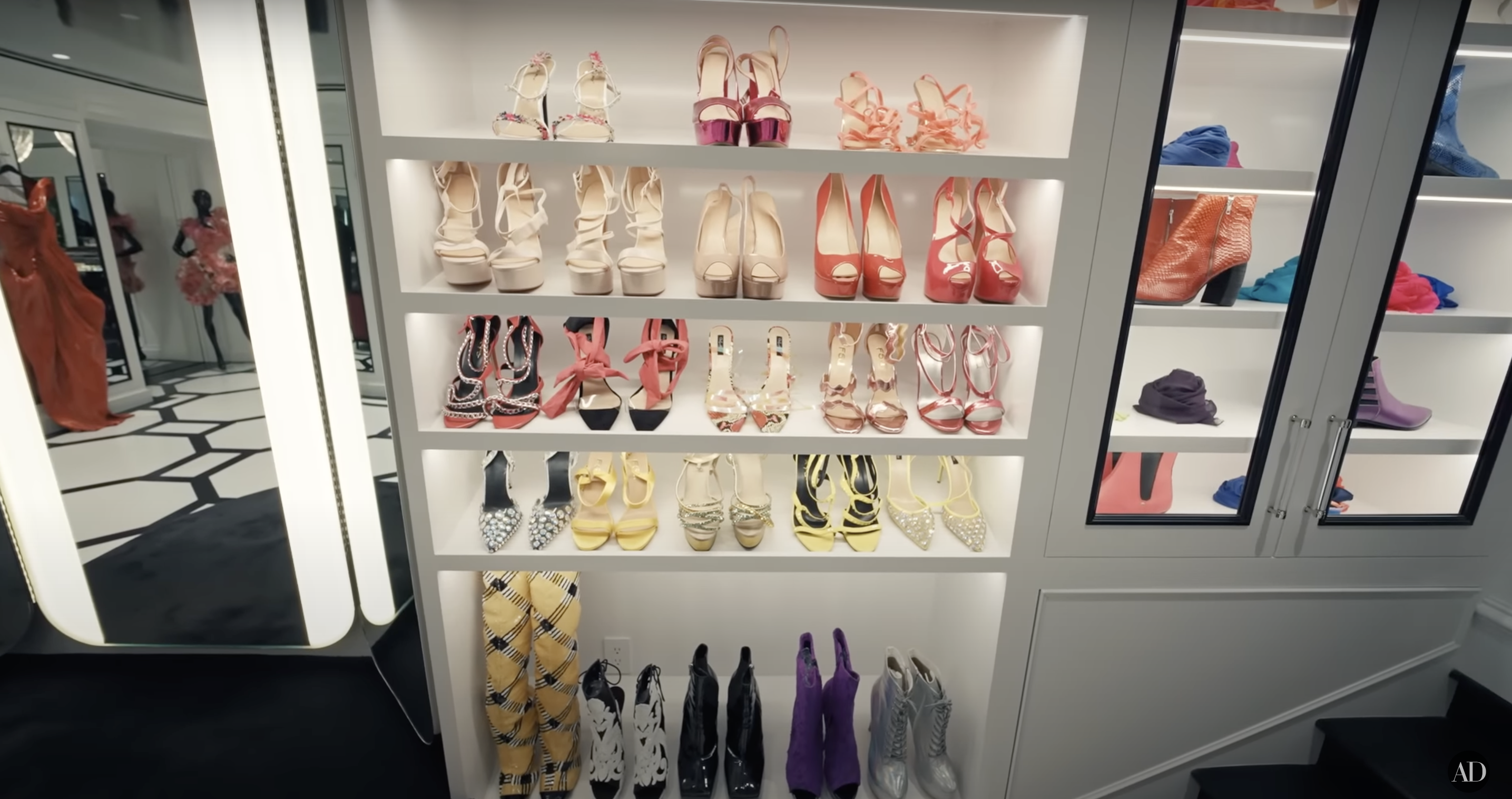 A section of RuPaul's closet in his and Georges LeBar's home in Beverly Hills | Source: https://www.youtube.com/@Archdigest
