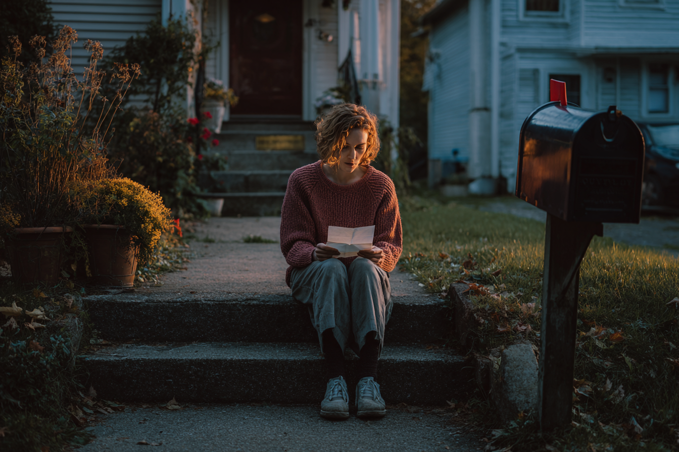 A woman sitting outside her house | Source: Midjourney
