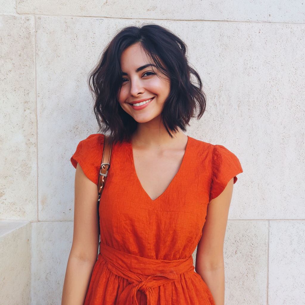 A smiling woman wearing an orange dress | Source: Midjourney