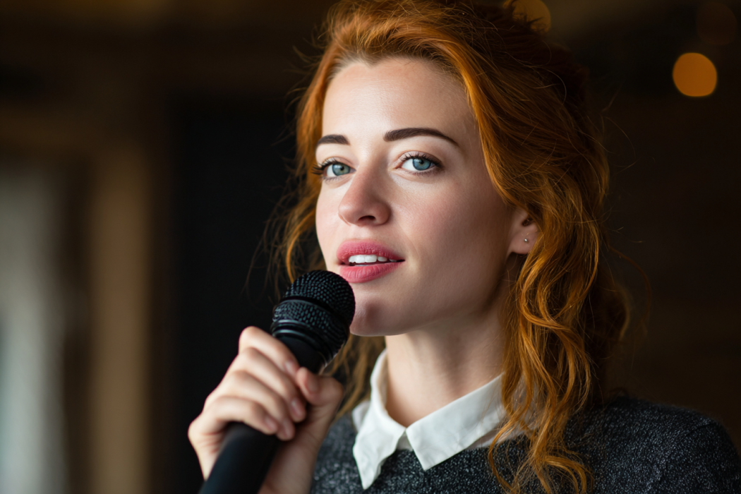 A waitress speaking into a mic at a wedding | Source: Midjourney