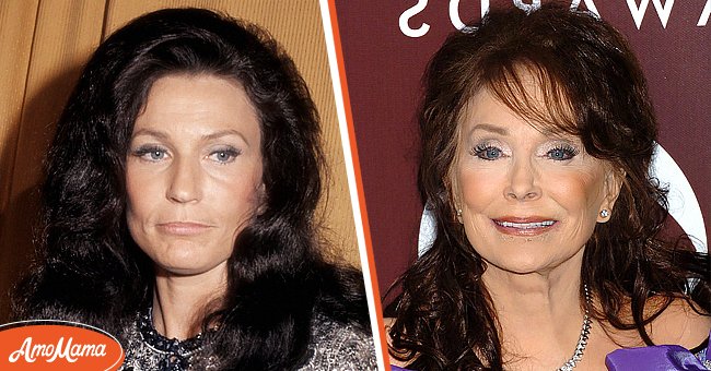 Left:  Country singer Loretta Lynn attends the 6th Annual CMA Awards at the Ryman Auditorium in 1972 in Nashville, Tennessee. Right: Loretta Lynn at the 47th Annual GRAMMY Awards in 2005. | Source: Getty Images