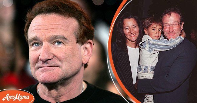 [Left] Robin Williams appears onstage during MTV's Total Request Live at the MTV Times Square Studios on April 27, 2006 in New York City; [Right] Robin Williams with his wife, Marsha Garces and their son, Cody at the premiere of his new movie, "Jumanji."| Source: Getty Images