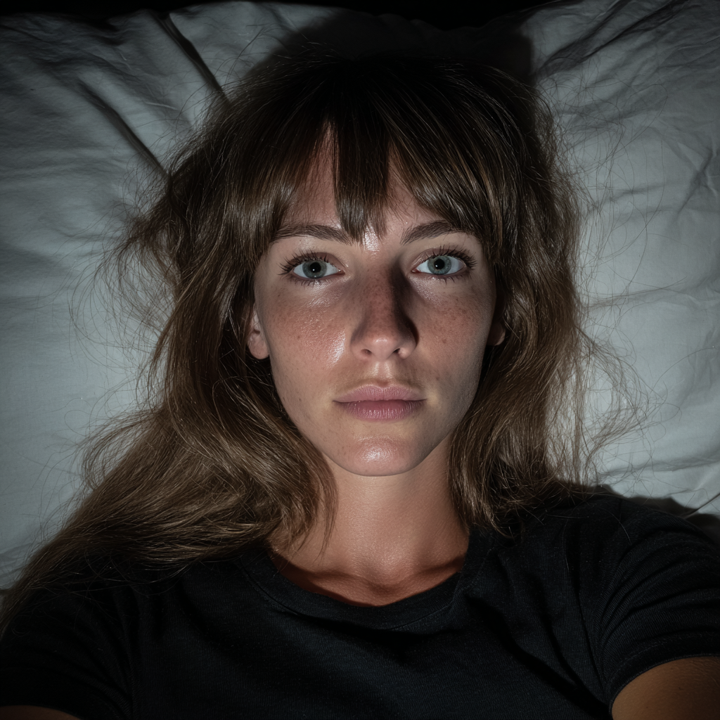 A worried woman lying in bed | Source: Midjourney