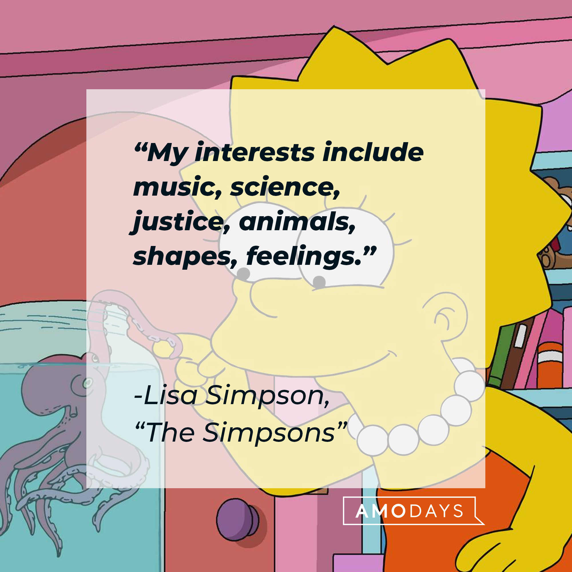 Lisa Simpson with her quote: "My interests include music, science, justice, animals, shapes, feelings." | Source: Facebook.com/TheSimpsons