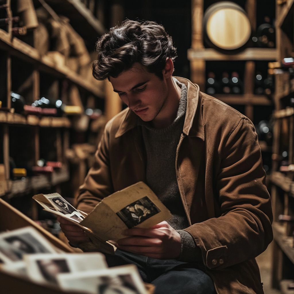 A man looking at photos in a wine cellar | Source: Midjourney