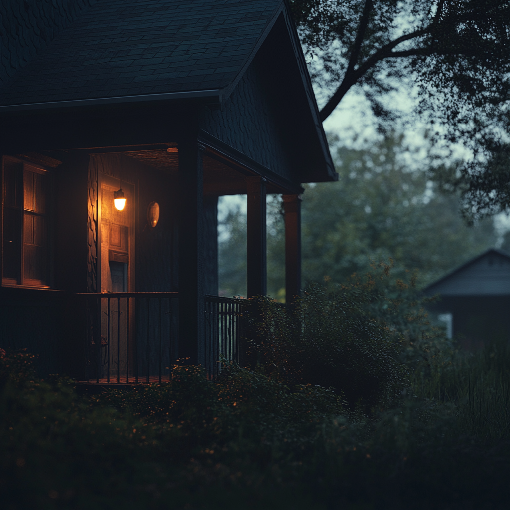 A dark house with the porch light on | Source: Midjourney