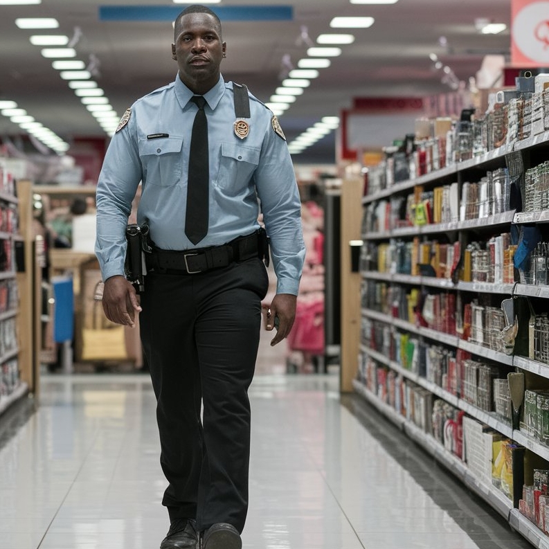 A security guard walking down a department store aisle | Source: Midjourney