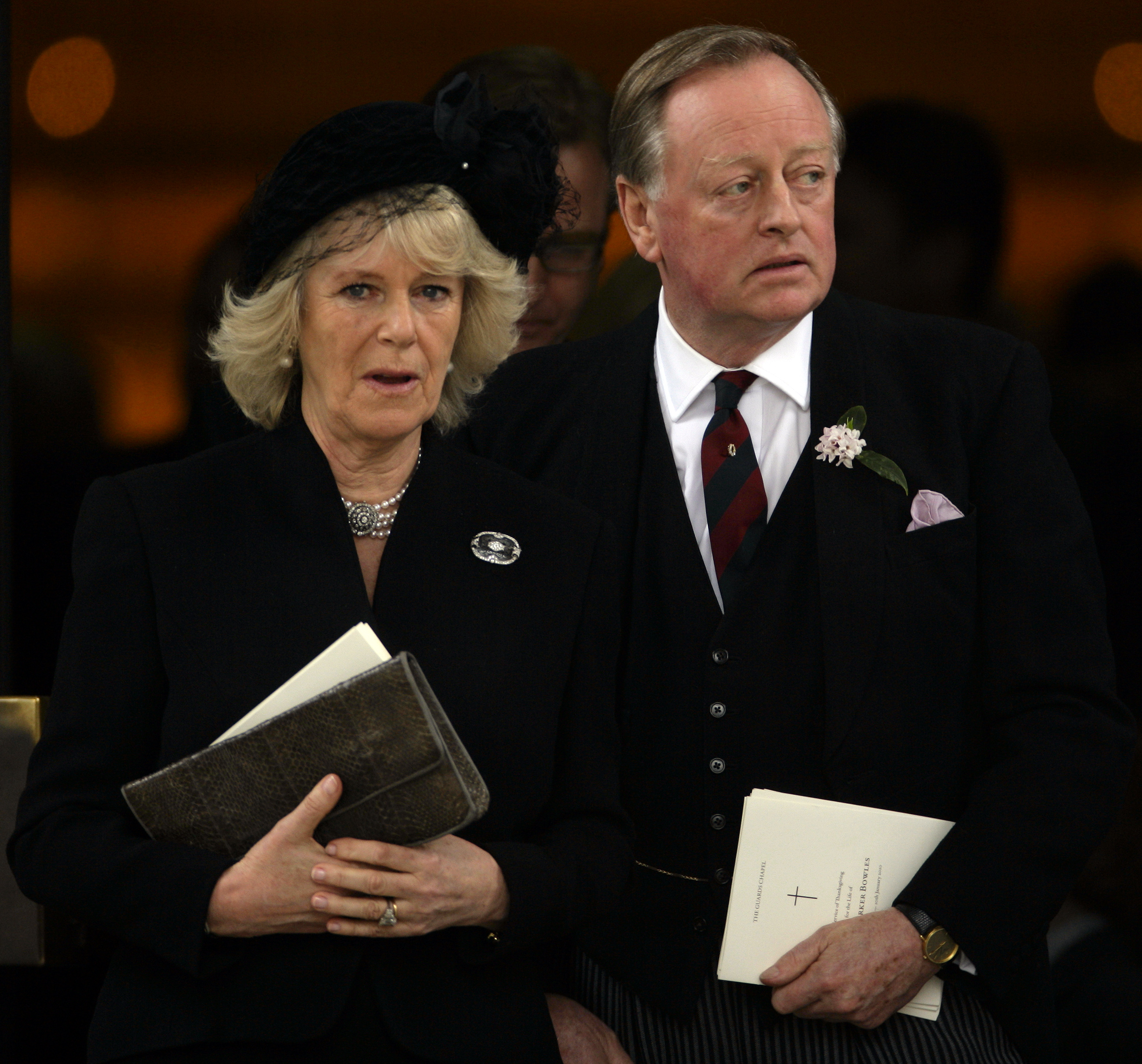 Camilla, Duchess of Cornwall and Andrew Parker Bowles at a memorial service at the Guards Chapel, Wellington Barracks on March 25, 2010, in London, England. | Source: Getty Images