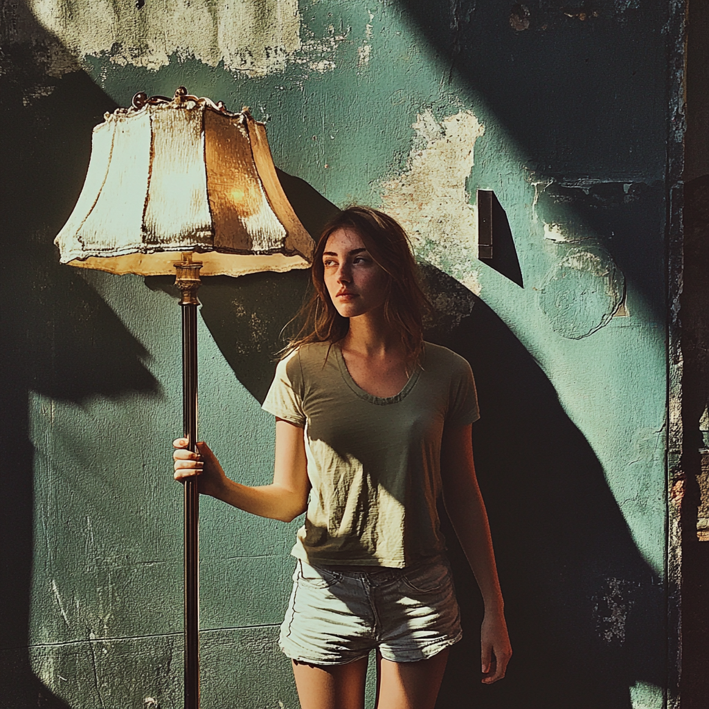 A woman holding a standing lamp | Source: Midjourney