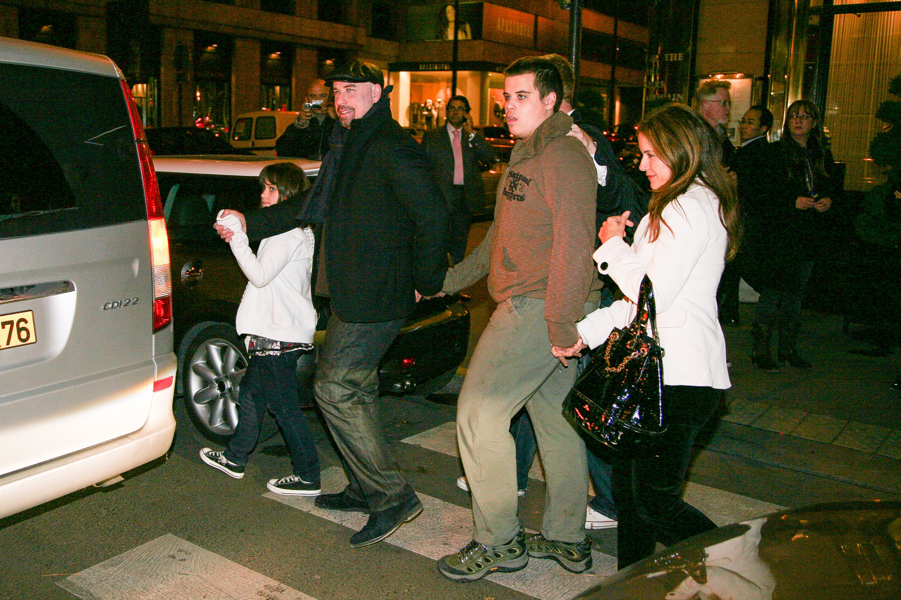 John Travolta spotted leaving the 'Relais Plaza' restaurant with his daughter Ella, his son Jett and his wife Kelly Preston on November 3, 2008 in Paris, France. | Source: Getty Images