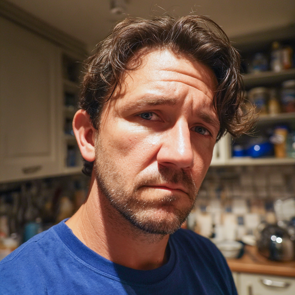 A frowning man standing in a kitchen | Source: Midjourney