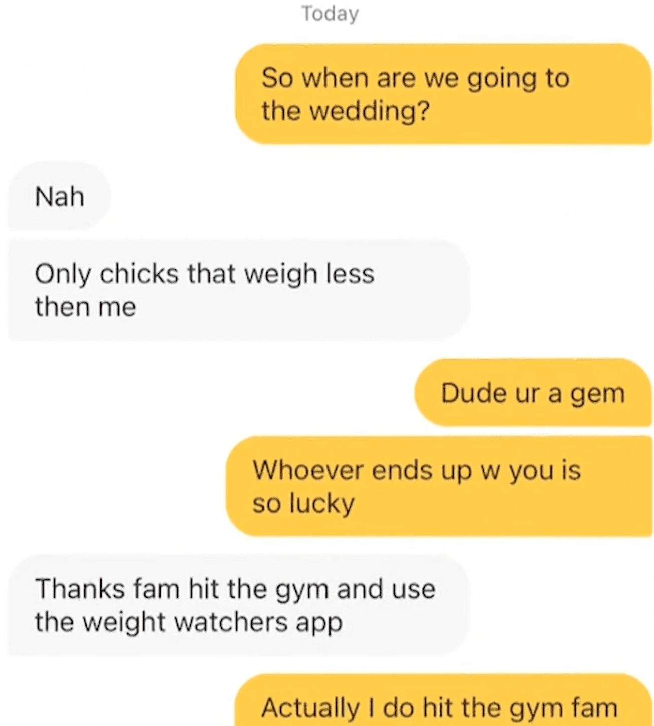 Purported messages between a woman and her Bumble match in which he fat-shames her | Photo: TikTok/dilemma.rec