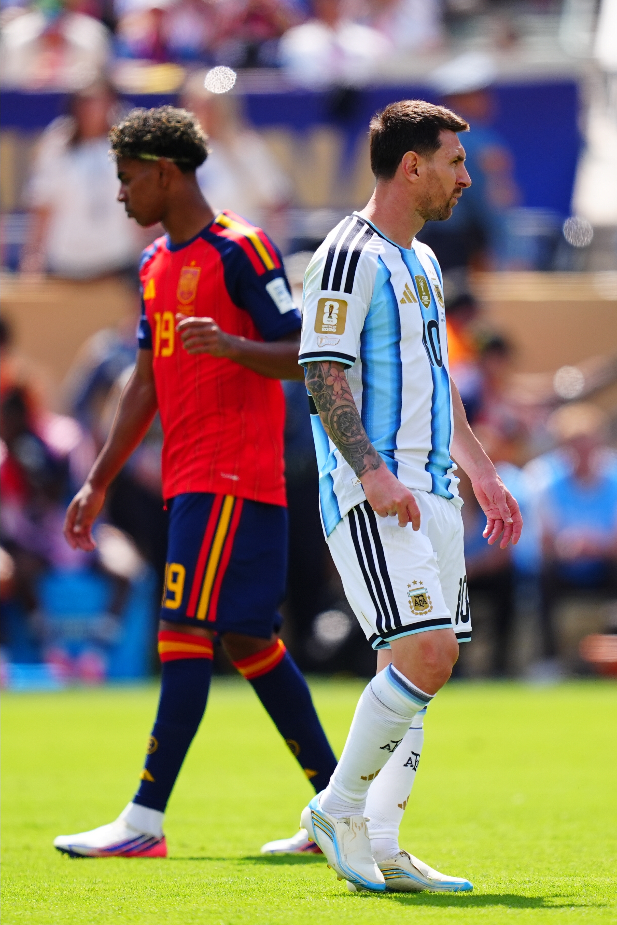 Lamine Yamal and Lionel Messi share the field during the FIFA World Cup 2026 final between Spain and Argentina at New York New Jersey Stadium on July 19 in East Rutherford, New Jersey. | Source: Getty Images