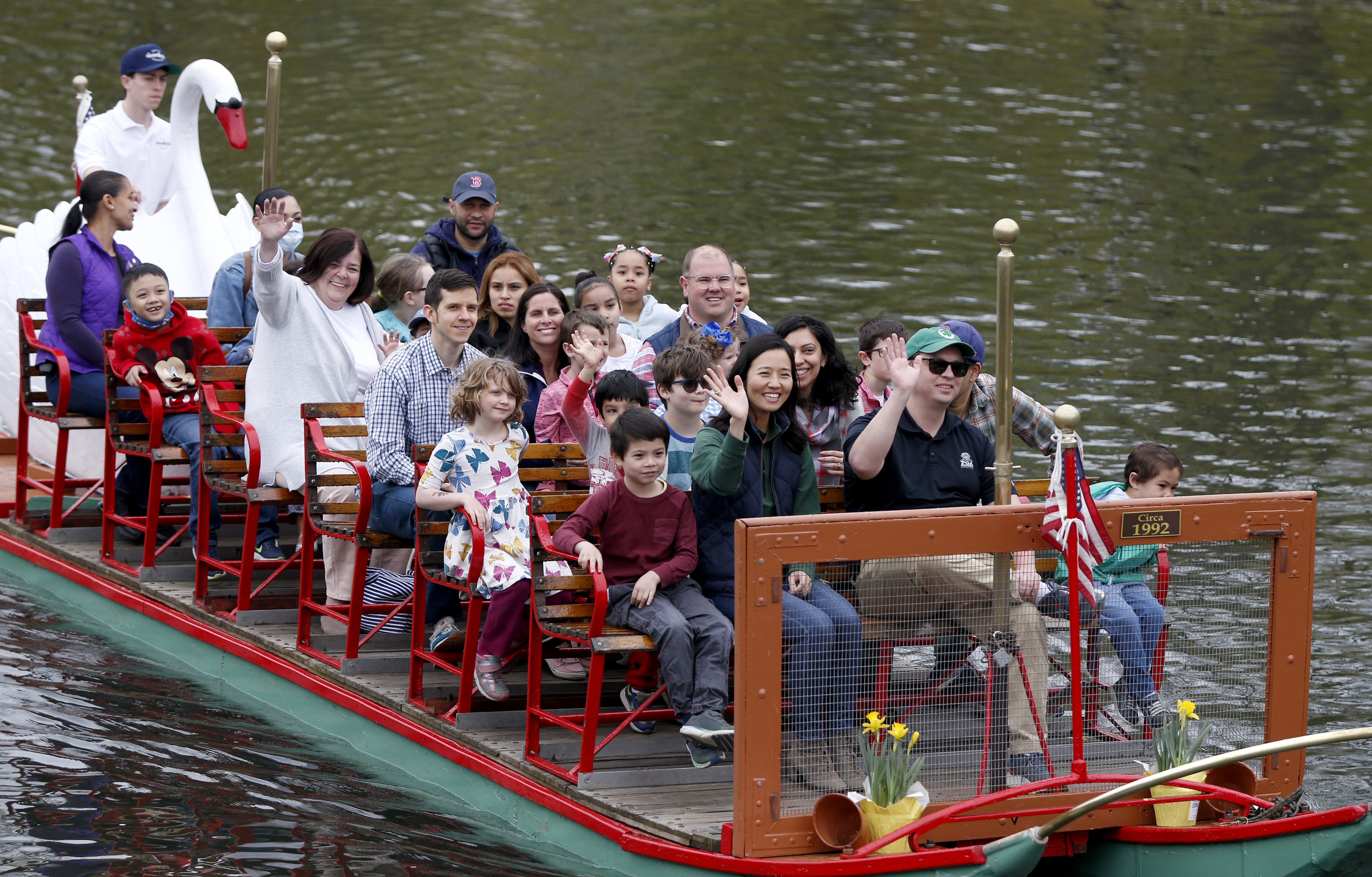 Boston Mayor Michelle Wu and her family are pictured riding the popular Boston Swan Boats as they open on April 16, 2022, at the Boston Public Garden lagoon | Source: Getty Images