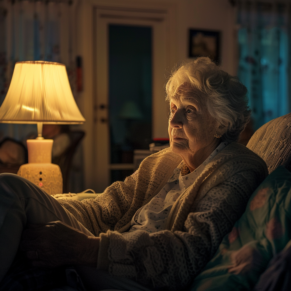 A grandma feeling nostalgic while sitting on a sofa at night | Source: Midjourney