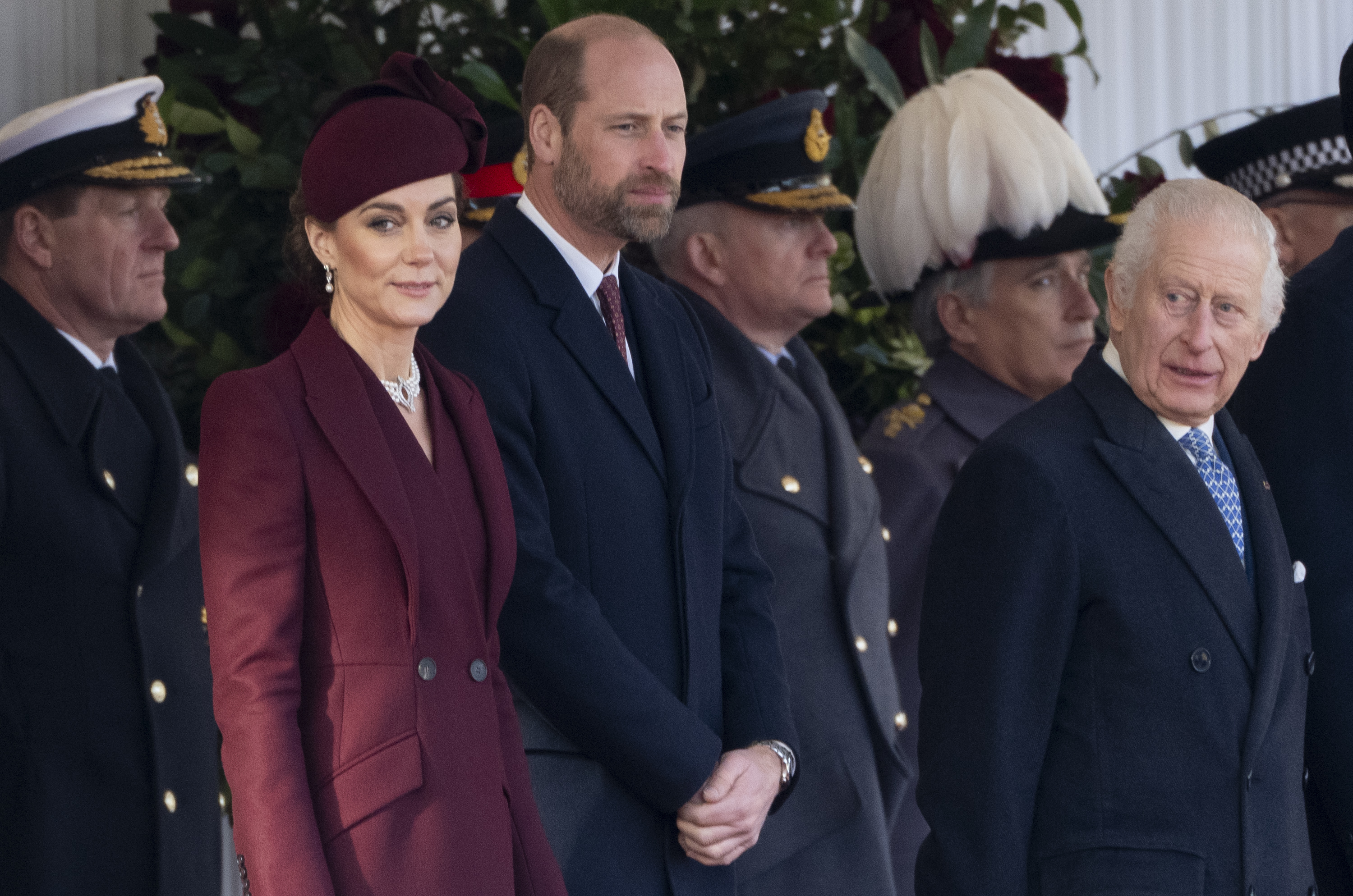 King Charles III with Prince William, and Princess Catherine during the Ceremonial Welcome on Horseguards Parade during day one of The Amir of the State of Qatar's visit on December 3, 2024 in London, England. | Source: Getty Images