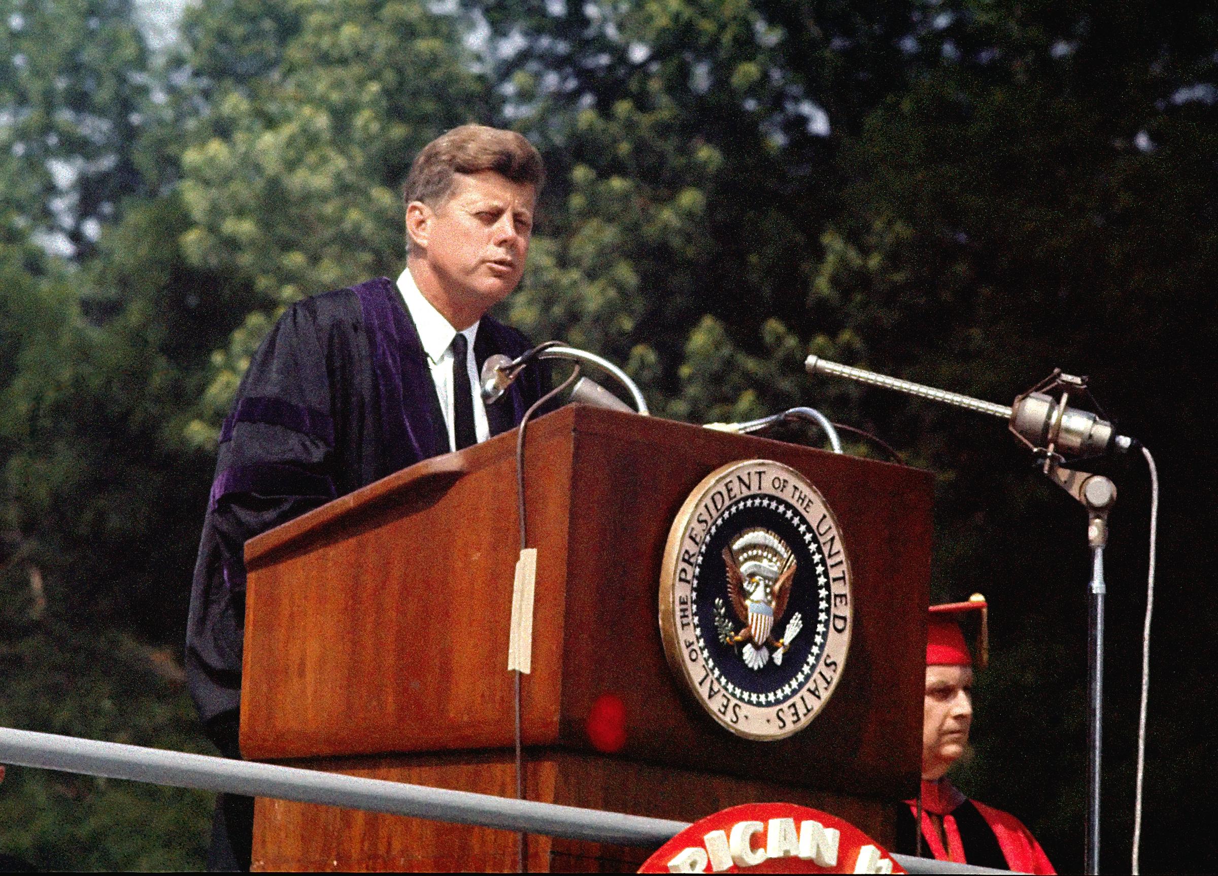 US President John F. Kennedy attends American University's commencement in Washington, DC, on June 10, 1963 | Source: Getty Images