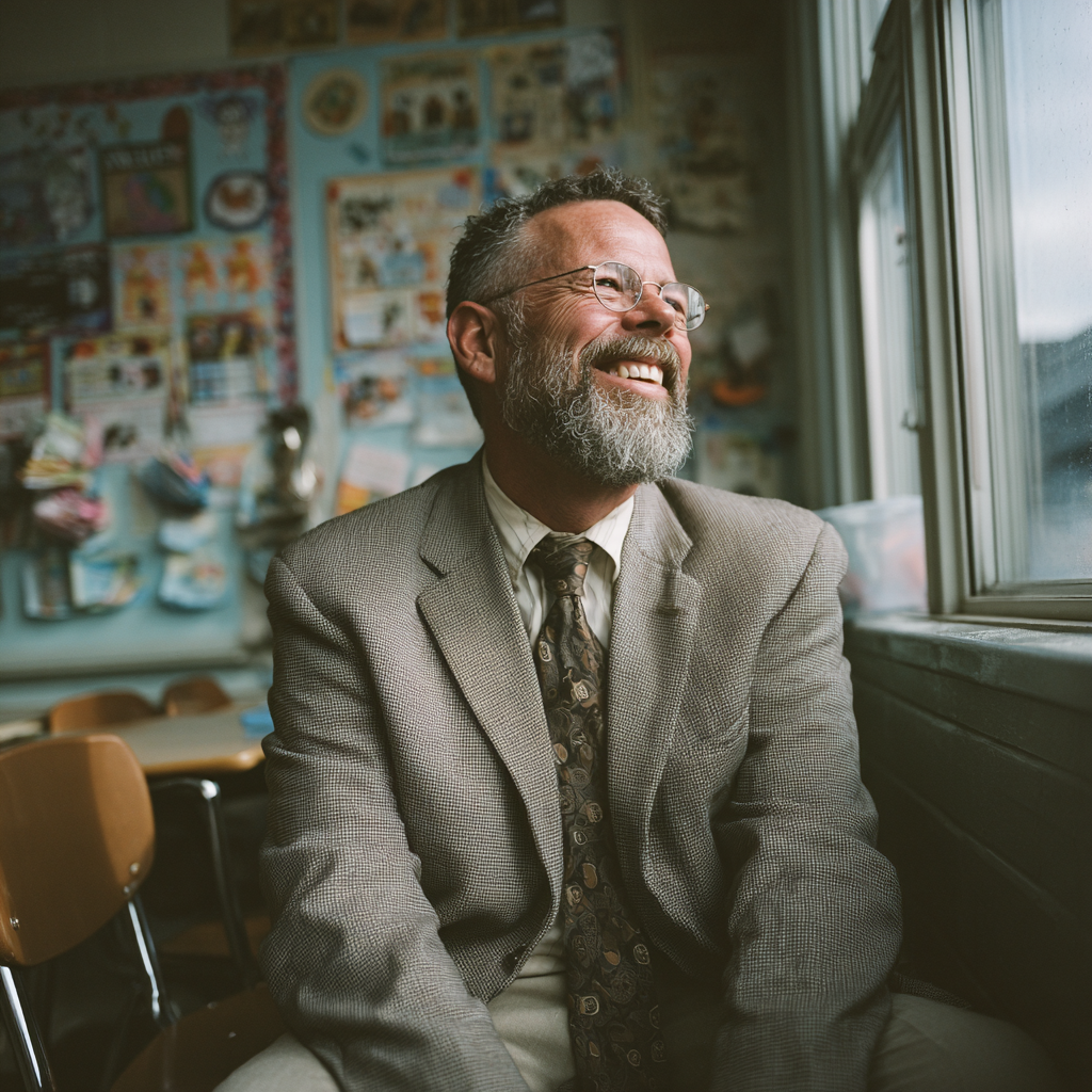 A man laughing while seated in a small chair | Source: Midjourney