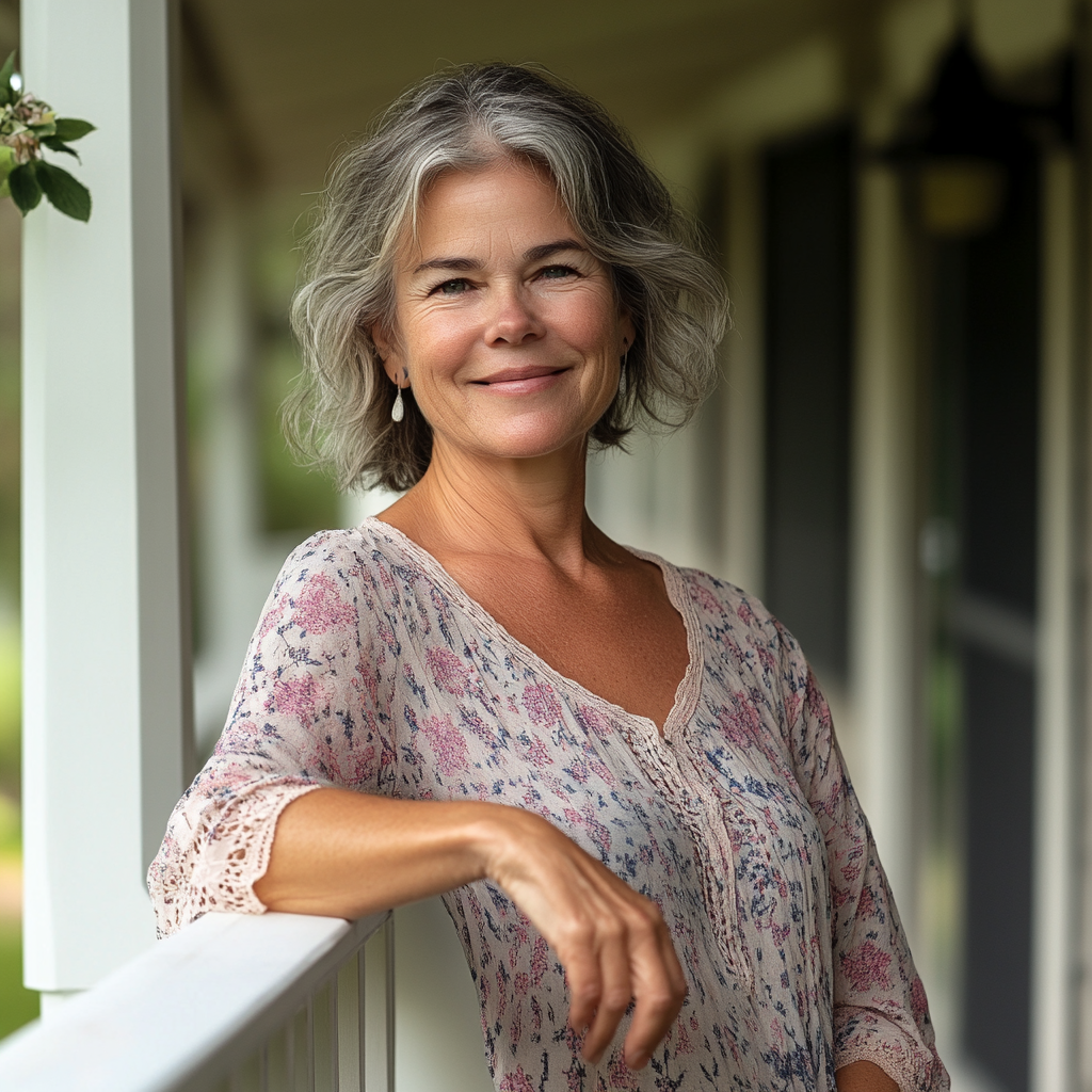 A smiling woman standing on her porch | Source: Midjourney