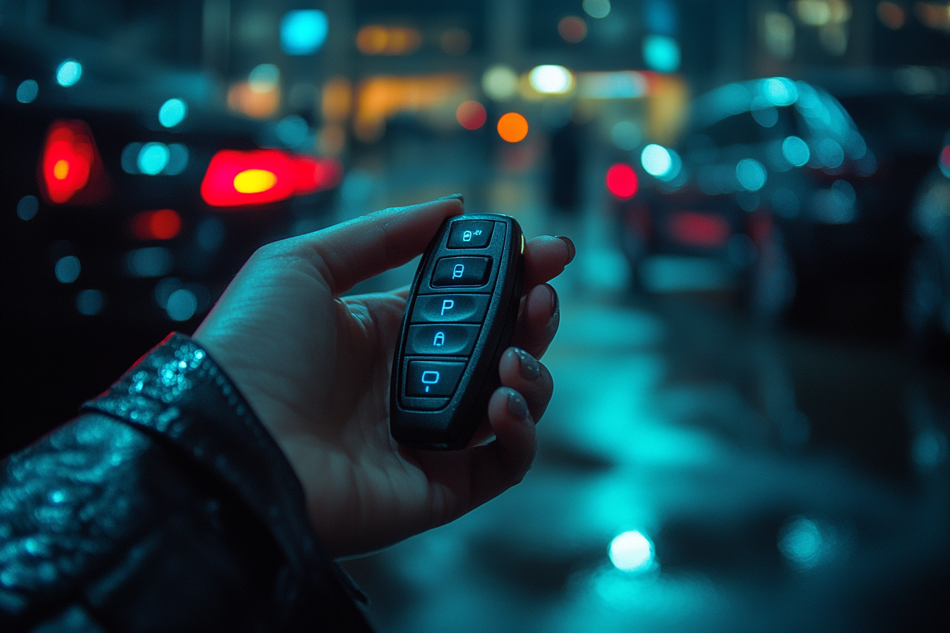 Close-up of a woman holding a car key fob in a parking lot | Source: Midjourney