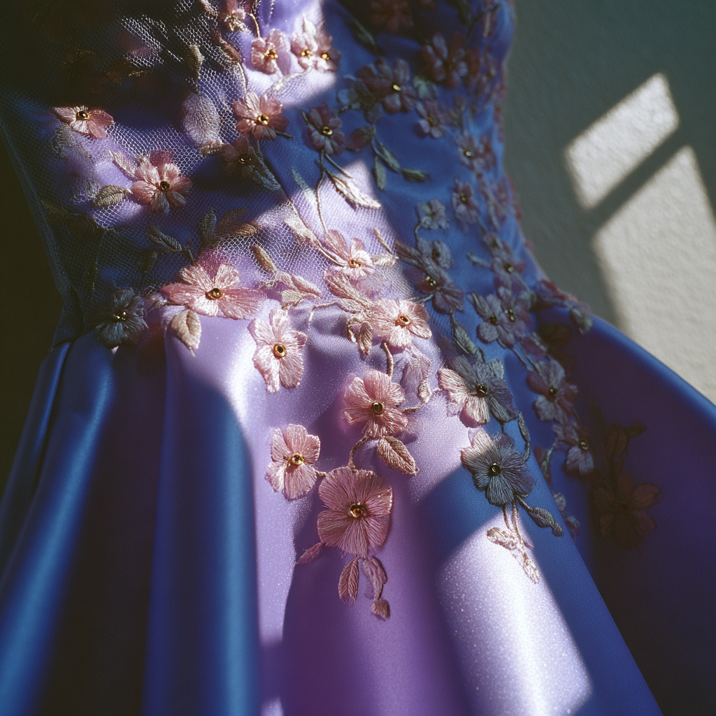 A close-up of the hand-sewn flowers on a prom dress | Source: Midjourney