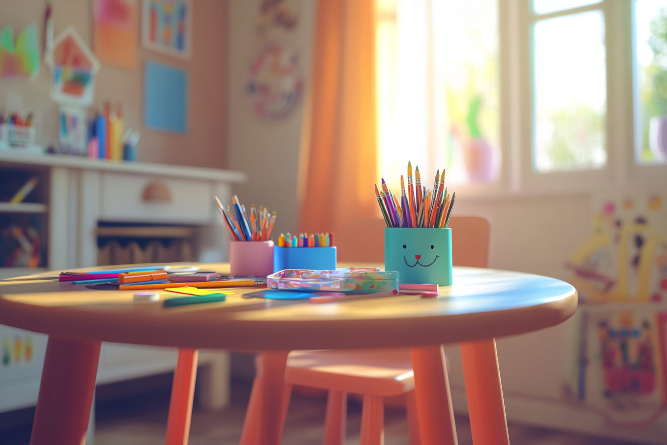 A table with art supplies in a child's room | Source: Midjourney