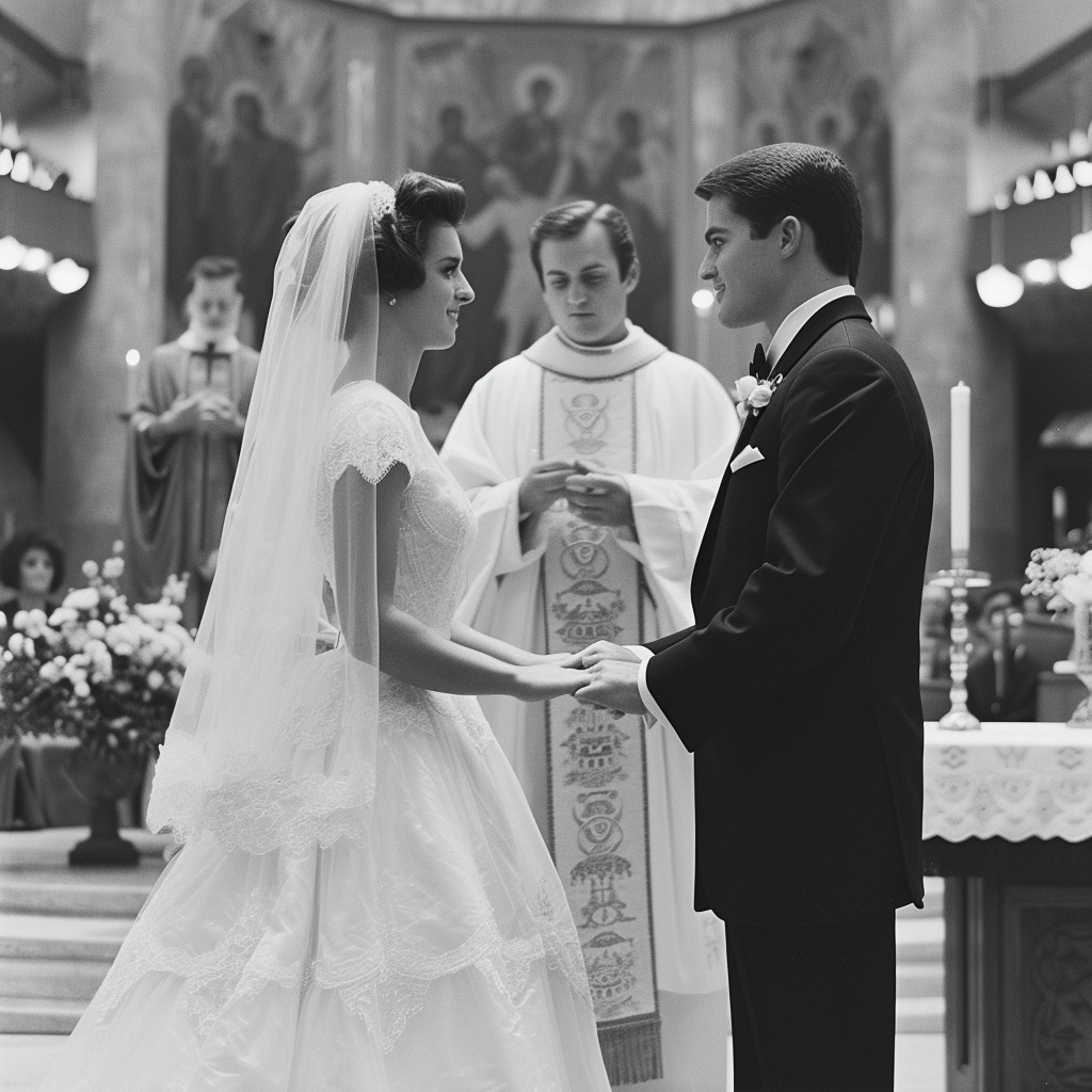 A bride and groom standing at the altar