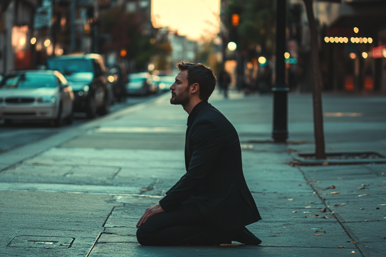 A man kneeling on a city sidewalk | Source: Midjourney