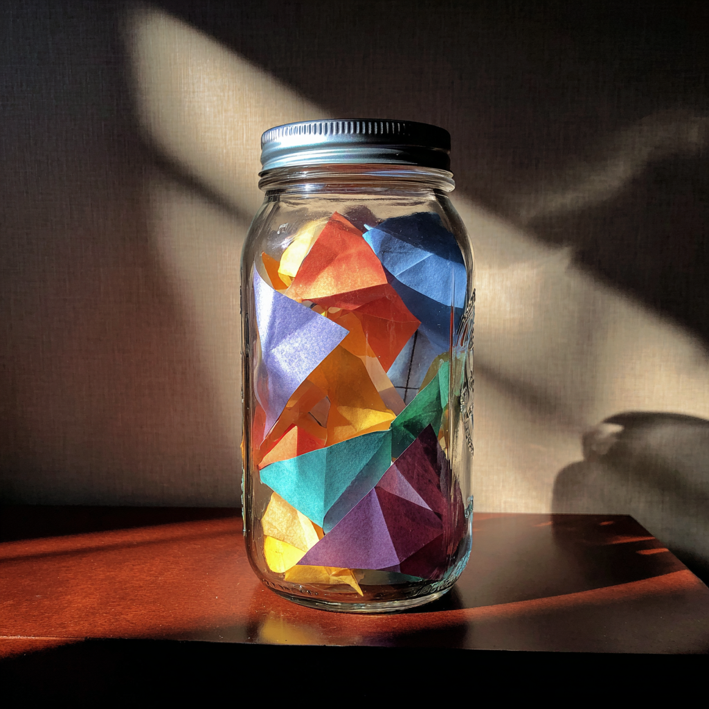 A mason jar with colored pieces of paper | Source: Midjourney