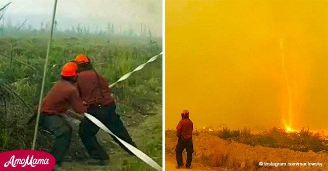 Rare 'fire tornado' sends firefighters scrambling as it sucks their hose into the air