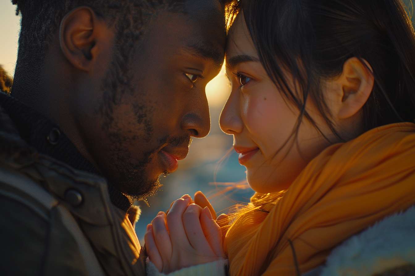 A close-up shot of a couple staring at each other with their foreheads touching | Source: Midjourney