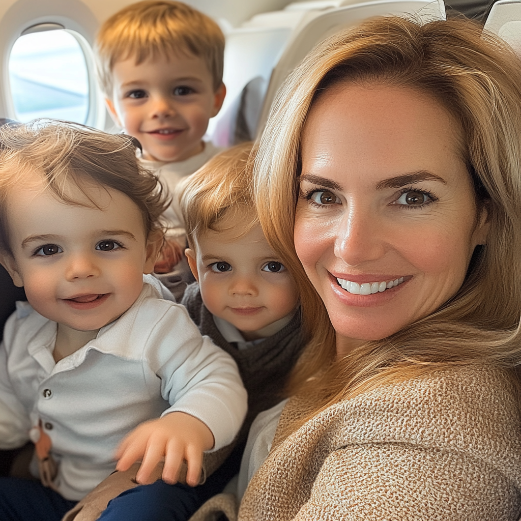 A mom with three kids in an airplane | Source: Midjourney