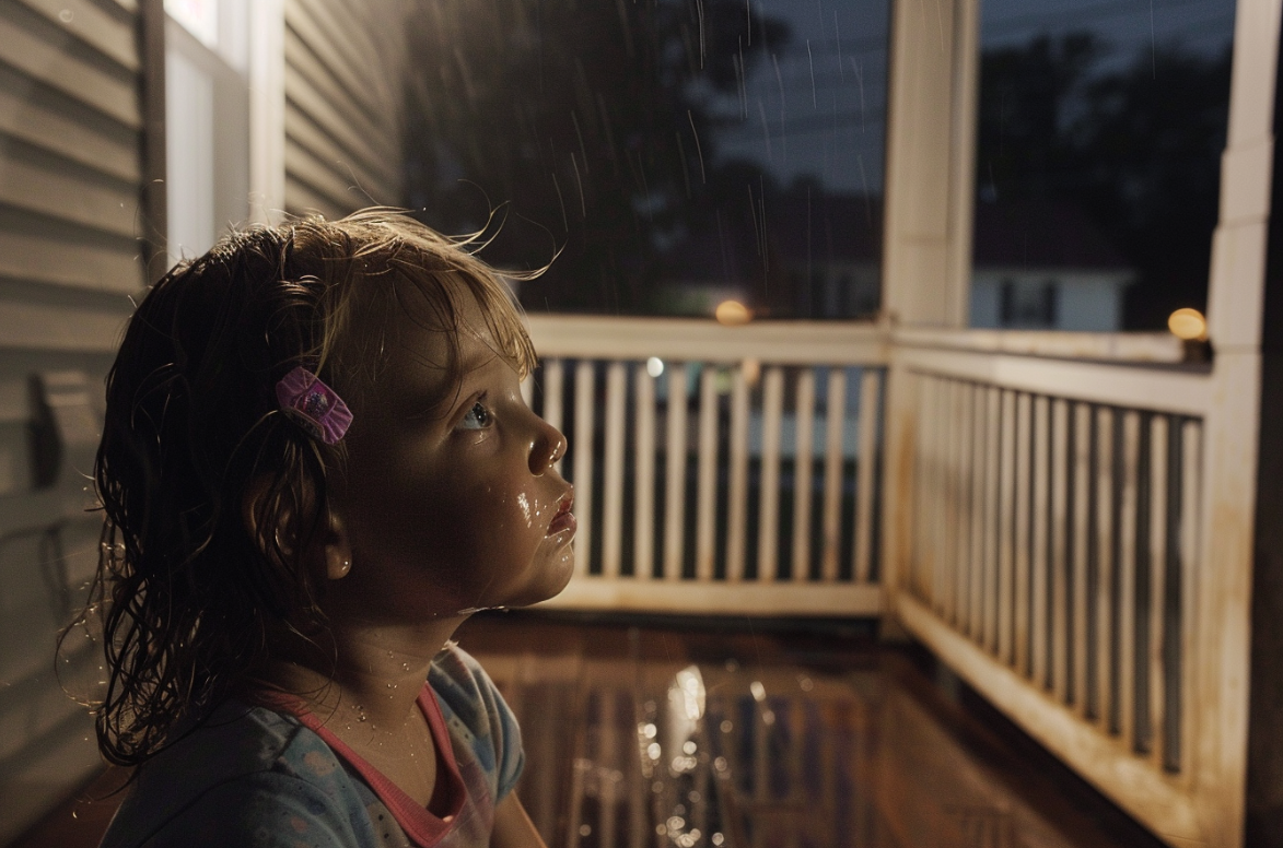 A toddler girl stands on a porch at night | Source: MidJourney
