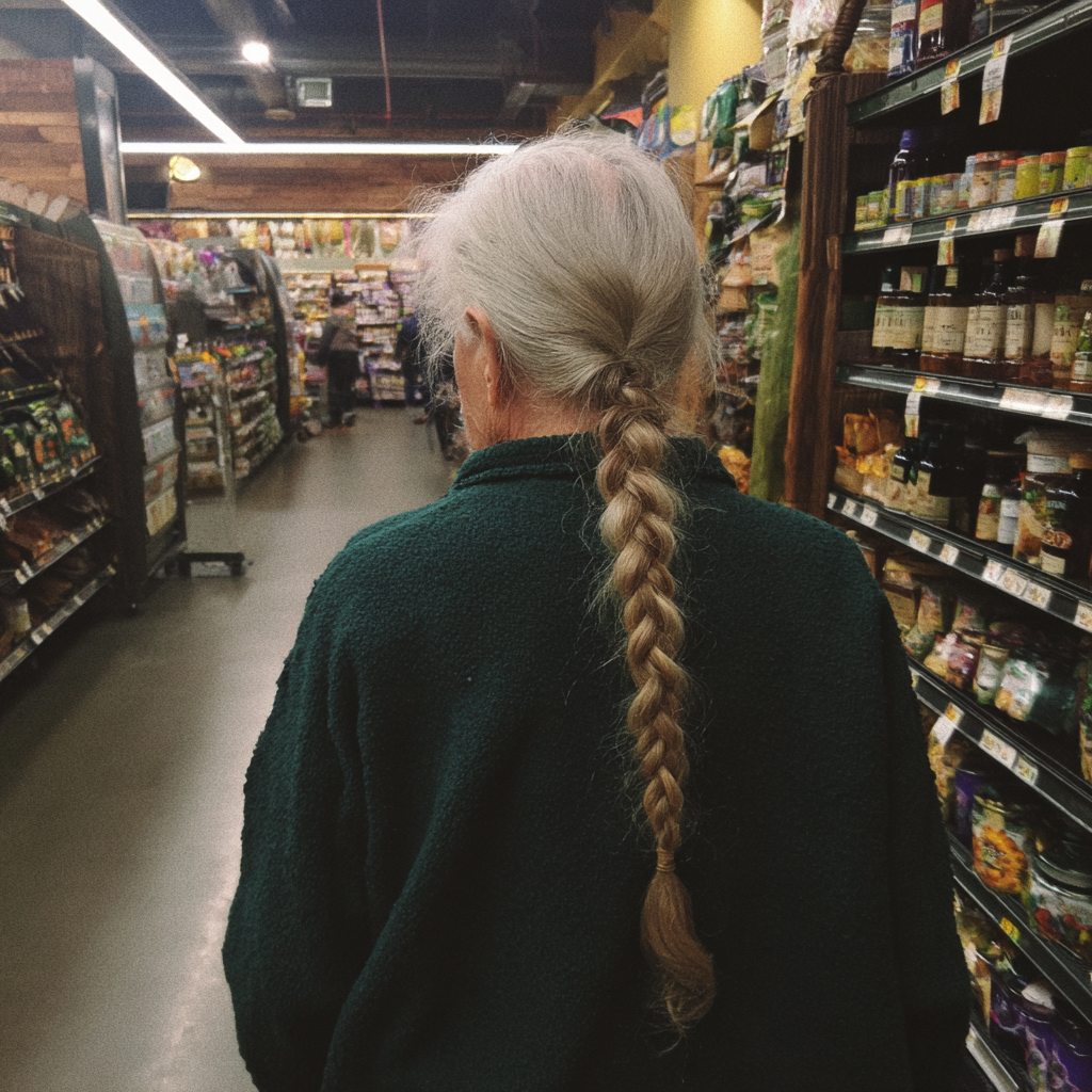 An older woman walking down a grocery aisle | Source: Midjourney